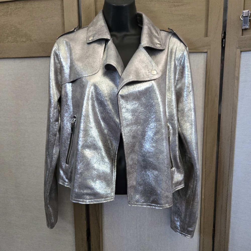 Cato NWT Silver Metallic Moto Jacket Women S Faux Leather Shimmer Glam Rocker